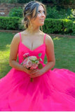 Hot Pink A-line V-neck Long Prom Dress, Tulle Preppy Graduation Dress