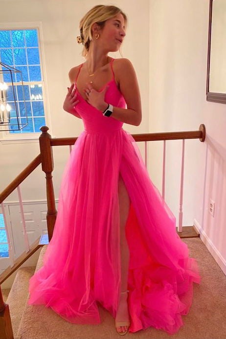 Hot Pink A-line V-neck Long Prom Dress, Tulle Preppy Graduation Dress