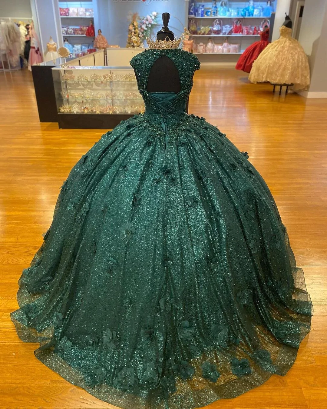 Green Princess Ball Gown Quinceanera Dresses Sweet 15 Party 3D Flowers Lace Applique Crystal Beads Sequin Birthday Gown