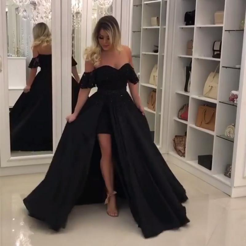Elegant Black Lace Off The Shoulder Prom Dresses With Leg Slit