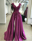 Lace Flowers Beaded Cap Sleeves V-neck Prom Dresses Split Evening Gowns