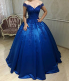 Royal Blue Satin Ball Gowns Quinceanera Dresses V Neck Off-the-shoulder