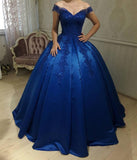 Royal Blue Satin Ball Gowns Quinceanera Dresses V Neck Off-the-shoulder