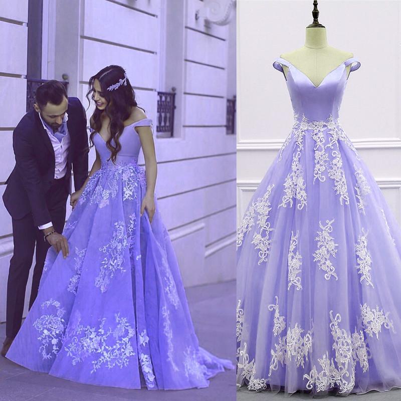 Elegant Tulle Ball Gowns Prom Dresses Lace Appliques Off Shoulder