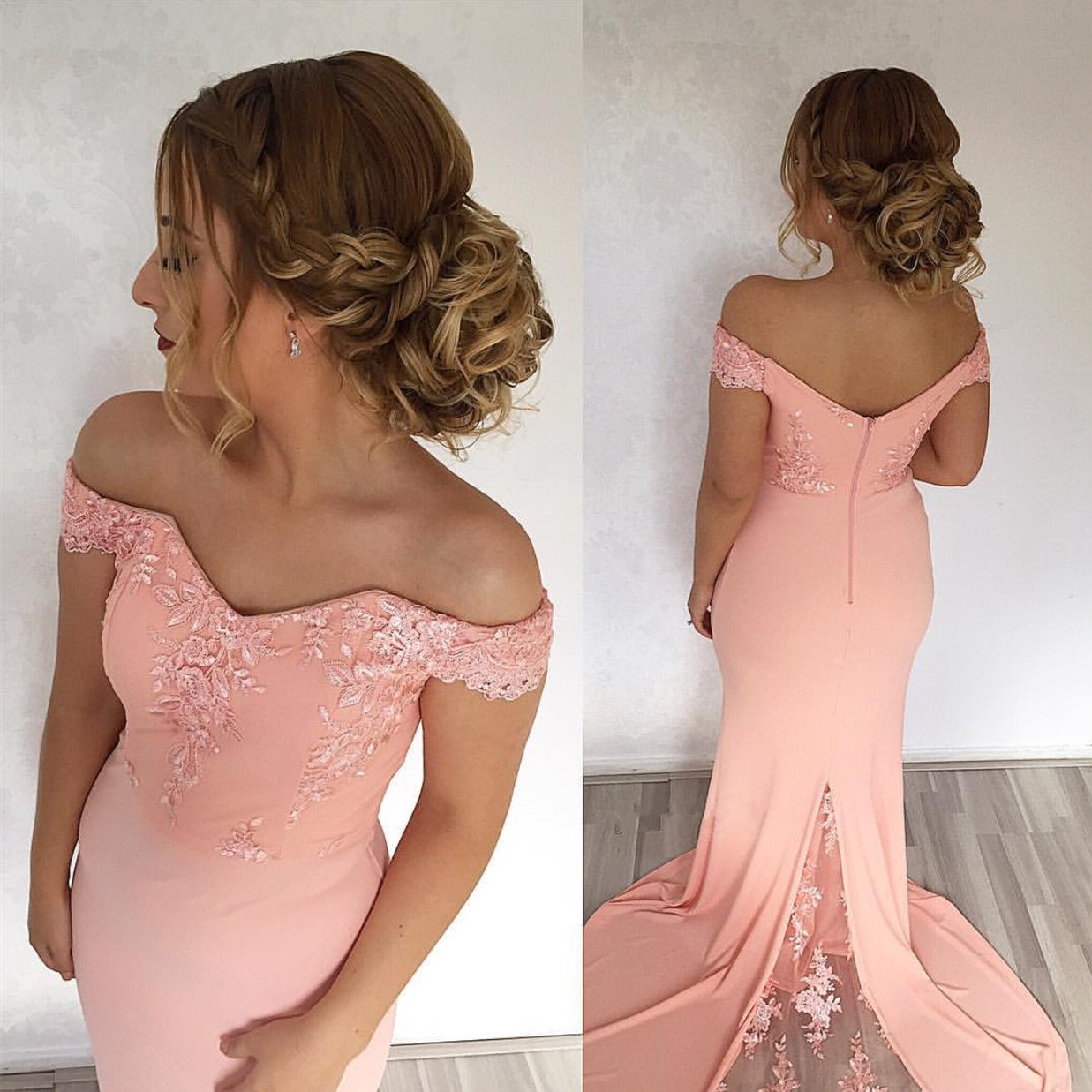 Elegant V-neck Mermaid Off-The-Shoulder Evening Dresses Lace Appliques Prom Dress