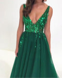 Deep V Neck Long Tulle Split Prom Evening Dresses With Sequins And Beads