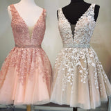 Short V-neck Tulle Prom Homecoming Dresses Lace Embroidery