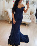 Navy Blue Lace V-neck Off The Shoulder Mermaid Prom Dresses