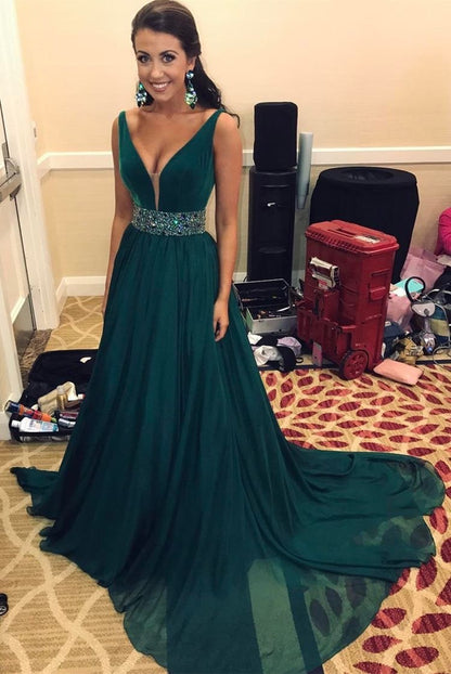 Deep V-neck Chiffon Sweep Train Prom Dresses Beaded Sashes Evening Gowns