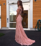 Elegant Pink Lace Mermaid Evening Dress Off Shoulder Prom Gowns,Holiday Dress