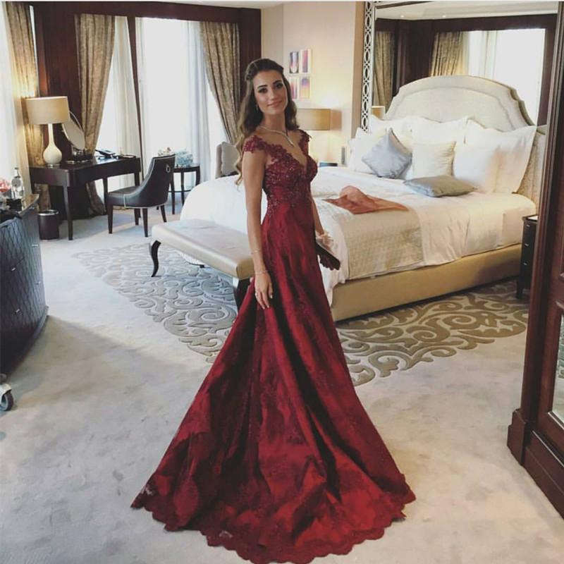 Modest Lace Cap Sleeves Long Burgundy Satin Prom Gowns