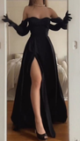 Trendy Black A-line Long Evening Dress with Split Unique Formal Dresses