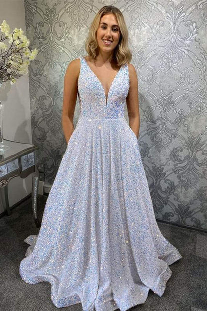 A Line Glitter V-neck Long Prom Dress,Sparkly Graduation Gown With Pockets,Gala Dresses