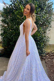 A Line Glitter V-neck Long Prom Dress,Sparkly Graduation Gown With Pockets,Gala Dresses