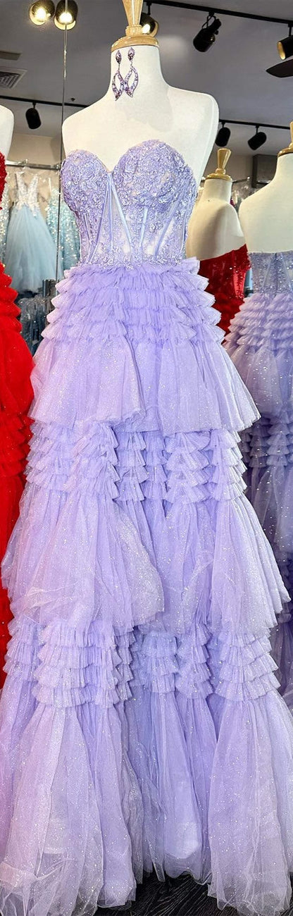 Red Sweetheart Sequins Top Multi-Layers Long Prom Dress,Tiered Formal Dresses