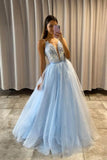 Light Blue Appliques Prom Dresses with Detachable Train,Elegant Tulle Formal Dress