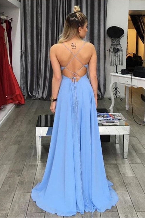 Light Blue A-line Spaghetti Strapes Long Prom Dresses With Side Split