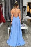 Light Blue A-line Spaghetti Strapes Long Prom Dresses With Side Split