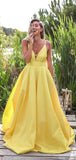 Light Pastel Yellow Sexy Spaghetti Straps V-neck Long Empire Prom Dresses