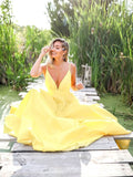 Light Pastel Yellow Sexy Spaghetti Straps V-neck Long Empire Prom Dresses
