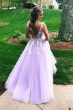 Lilac A-line V-neck Evening Dress, Long Prom Dresses With Appliques