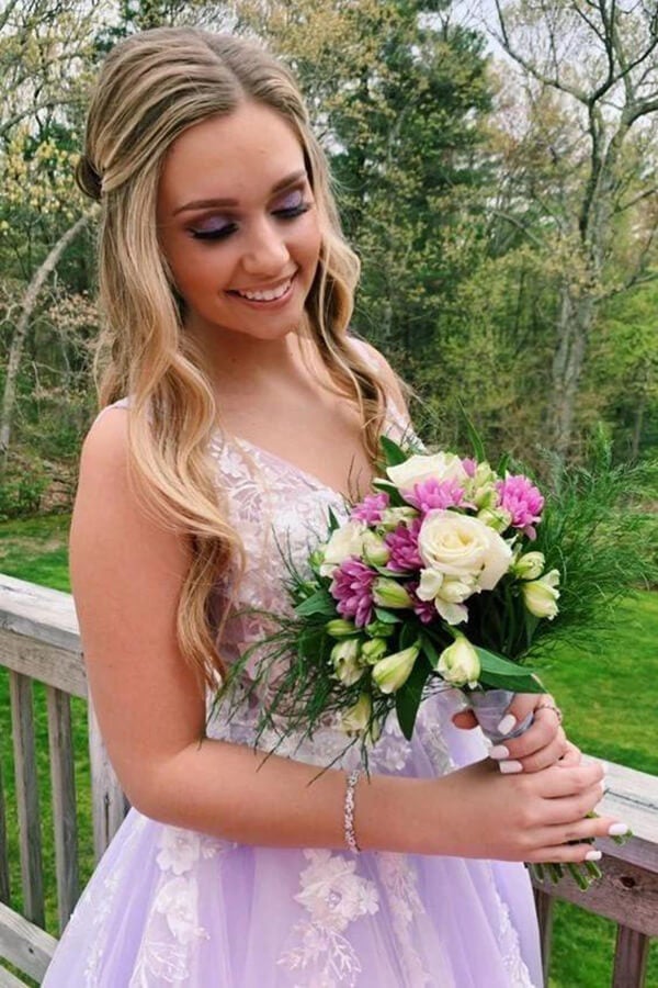 Lilac A-line V-neck Evening Dress, Long Prom Dresses With Appliques