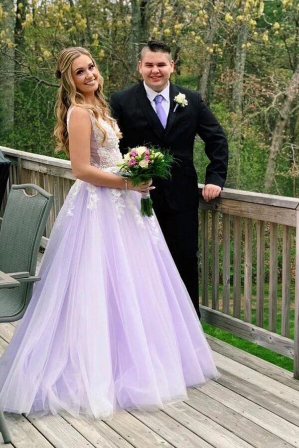 Lilac A-line V-neck Evening Dress, Long Prom Dresses With Appliques