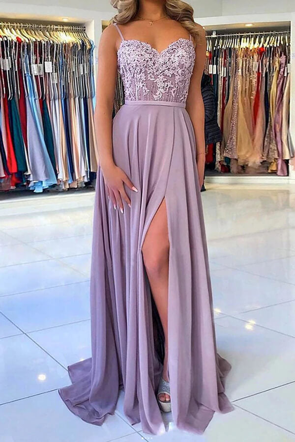 Lilac Chiffon A-line Spaghetti Straps Long Prom Dresses, Evening Gowns,gala dresses elegant