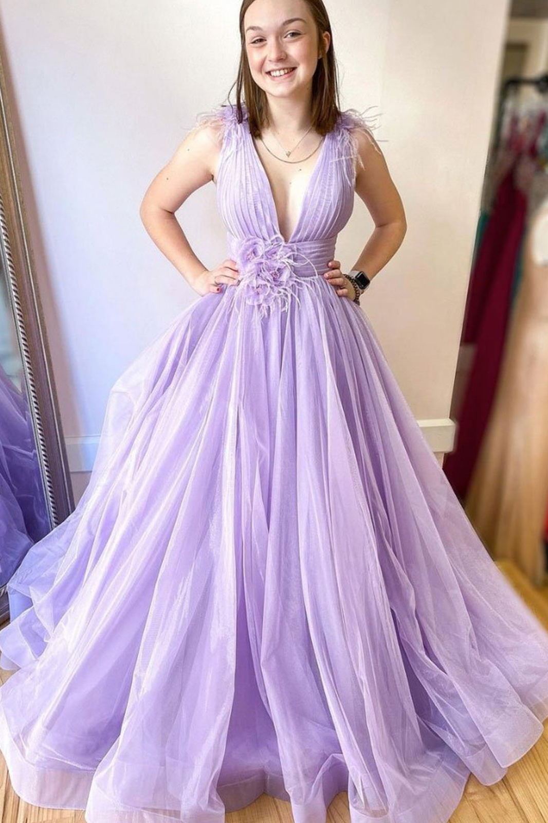 Lilac Tulle Long Prom Dresses,Formal Dresses Long V-neck Formal Evening Dress