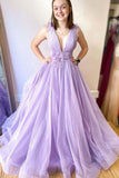 Lilac Tulle Long Prom Dresses,Formal Dresses Long V-neck Formal Evening Dress