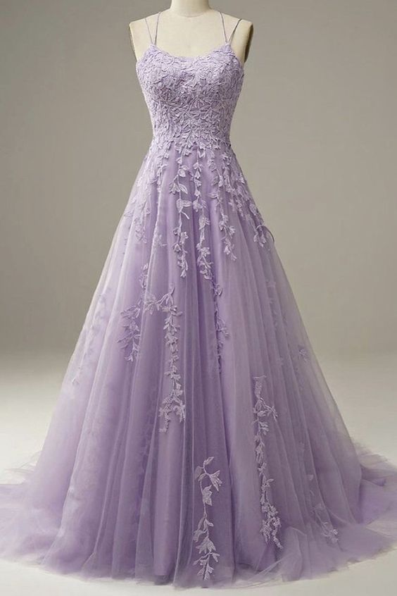 Custom Made Lace Lilac Prom Dresses Long Evening Dress Spaghetti Straps Formal Gown with Train