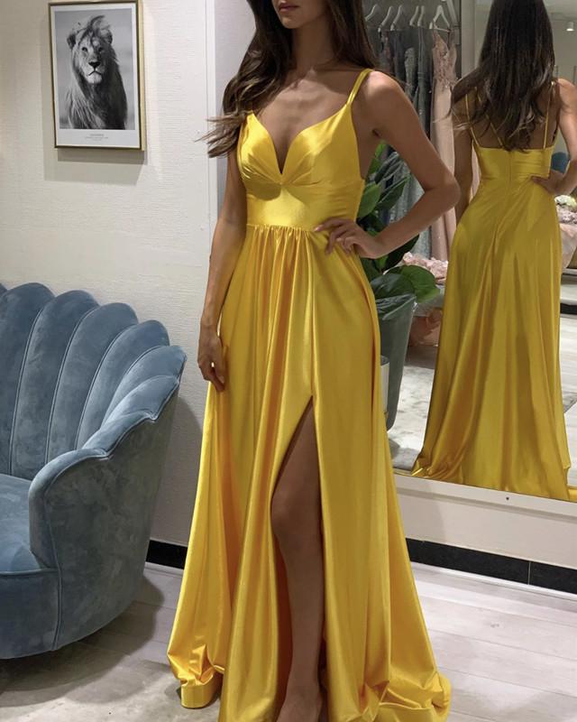 Spaghetti Straps V Neck Prom Dresses Satin Leg Slit