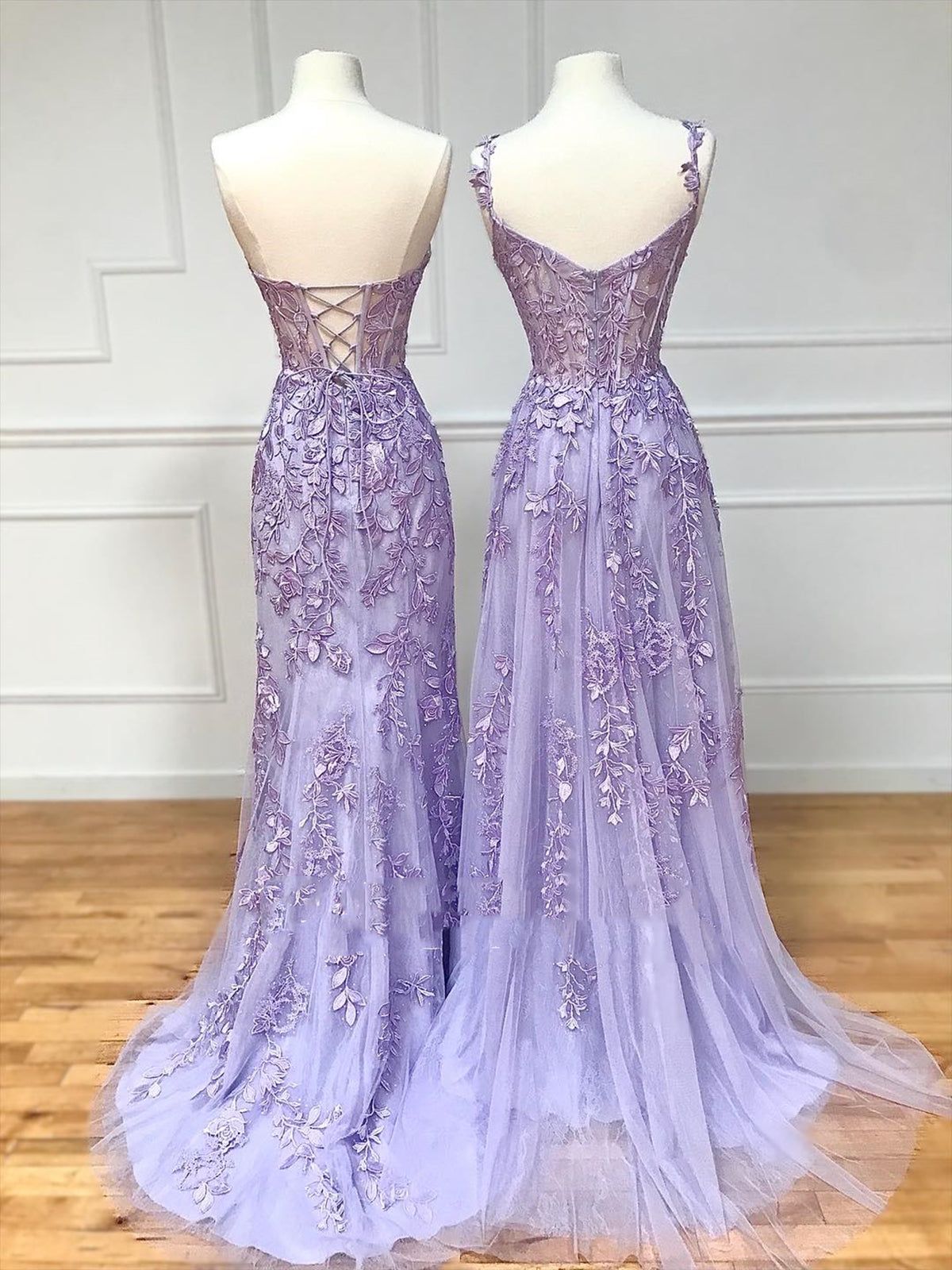 Long Purple Lace Prom Dresses,Unique A Line Formal Evening Dress