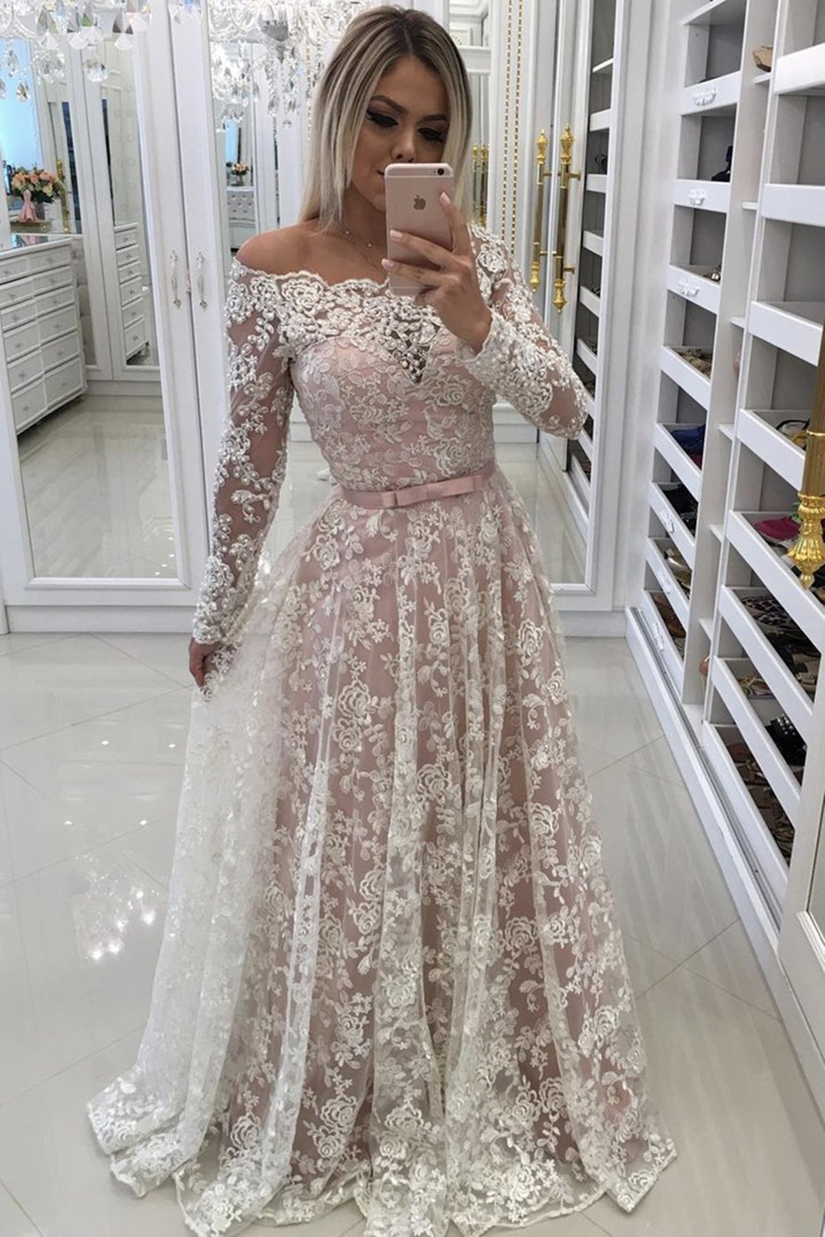 Long Sleeves Pink Lace Long Prom Dress, Pink Lace Formal Dress, Pink Evening Dress