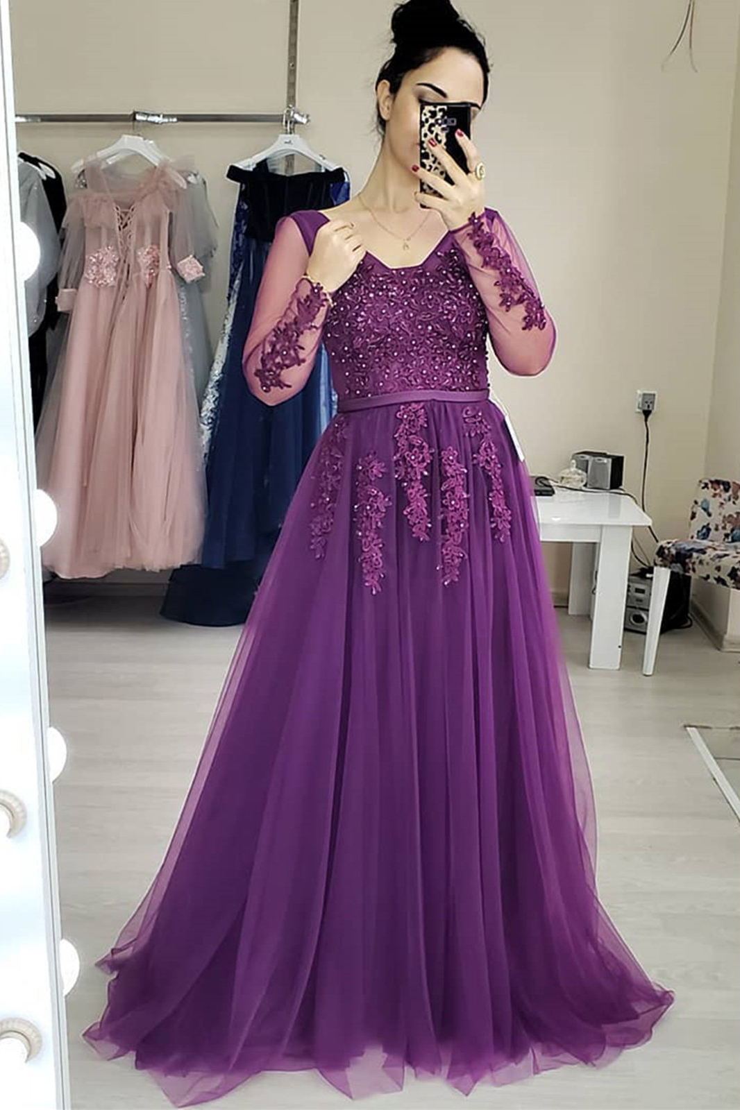 Long Sleeves Purple Tulle Prom Dresses Lace Applique Long Formal Gown