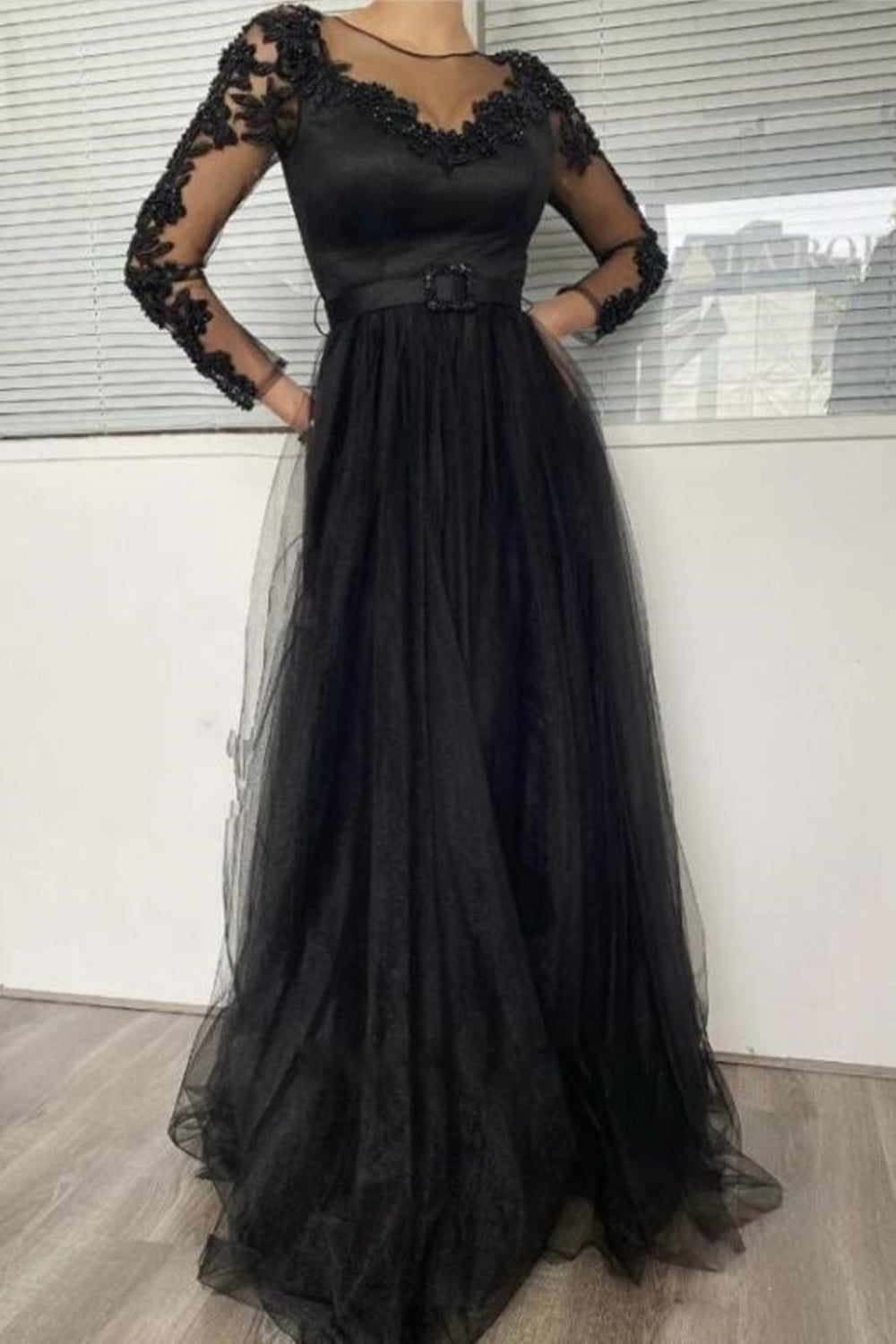 Long Sleeves Round Neck Black Lace Long Prom Dress,Cheap Formal Graduation Evening Dresses