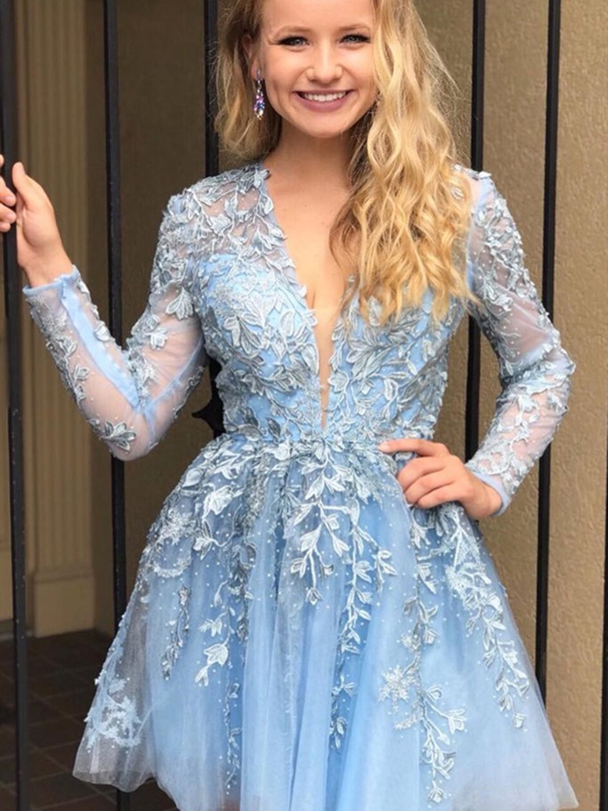 Long Sleeves Short Blue Lace Prom Dresses, Long Sleeves Short Blue Lace Formal Homecoming Dresses