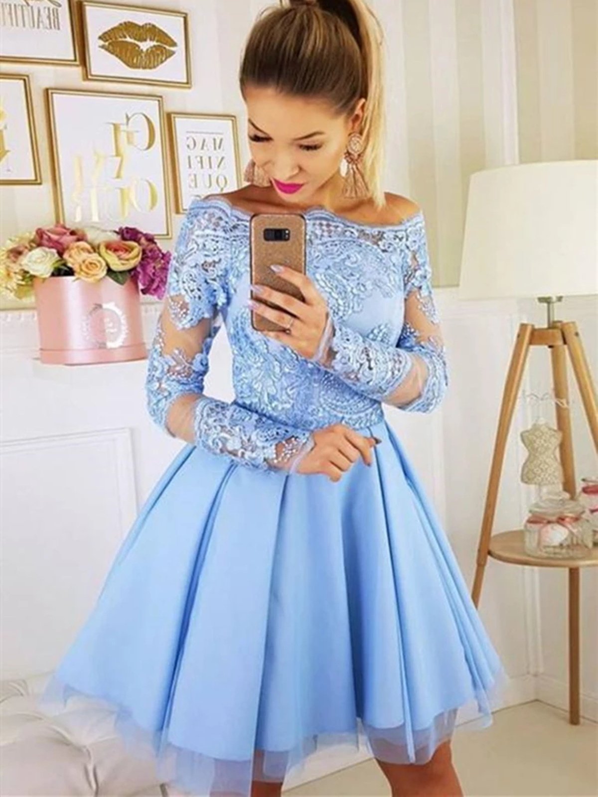 Long Sleeves Light Blue Short Lace Prom Dresses, Short Blue Lace Formal Homecoming Dresses