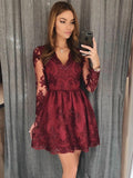 Long Sleeves V Neck Short Burgundy Lace Prom Dresses,cocktail party dress, cocktail party outfit