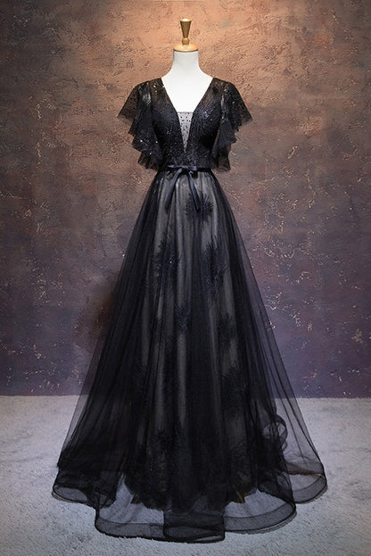 Modest Black Long A-line V-neck Black Prom Dresses Chic Party Dress jkprom Modest Black Long A-line V-neck Black Prom Dresses Chic Party Dress jkprom