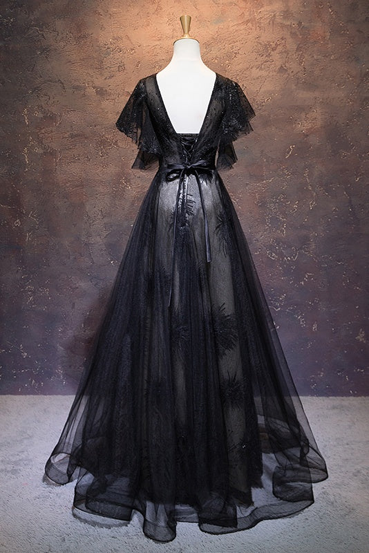 Modest Black Long A-line V-neck Black Prom Dresses Chic Party Dress jkprom Modest Black Long A-line V-neck Black Prom Dresses Chic Party Dress jkprom