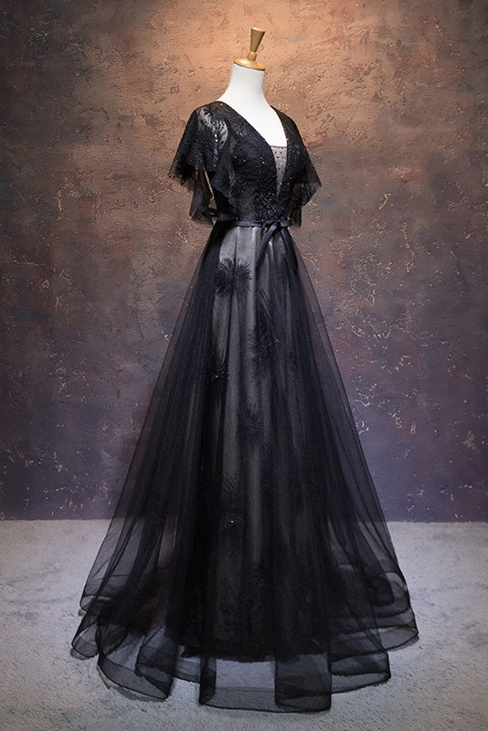 Modest Black Long A-line V-neck Black Prom Dresses Chic Party Dress – jkprom