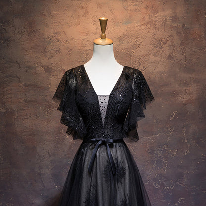 Modest Black Long A-line V-neck Black Prom Dresses Chic Party Dress – jkprom