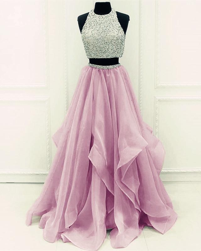 Sequins Beaded Organza Layered Two Piece Ball Gowns Prom Dress,Wedding Party Dress