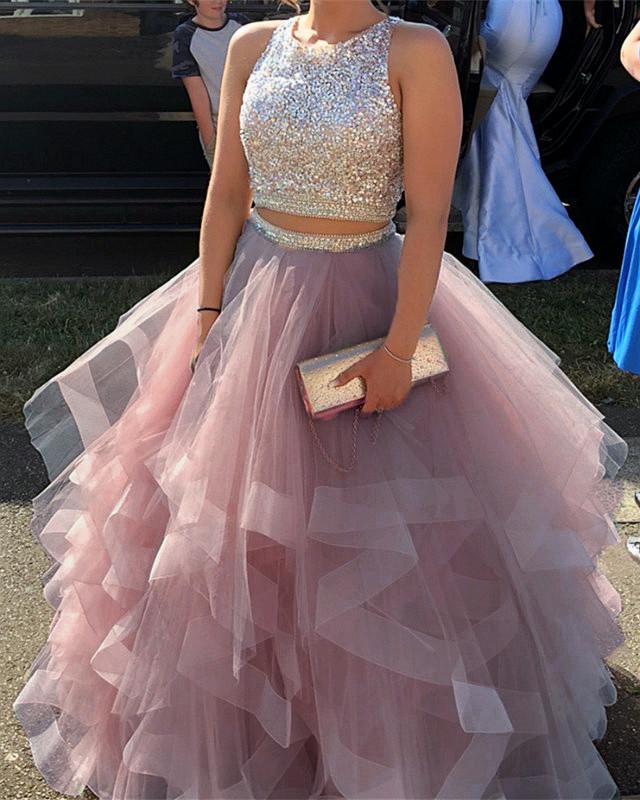 Sparkly Sequins Beaded Organza Layered Ball Gowns Prom Dresses Two Piece
