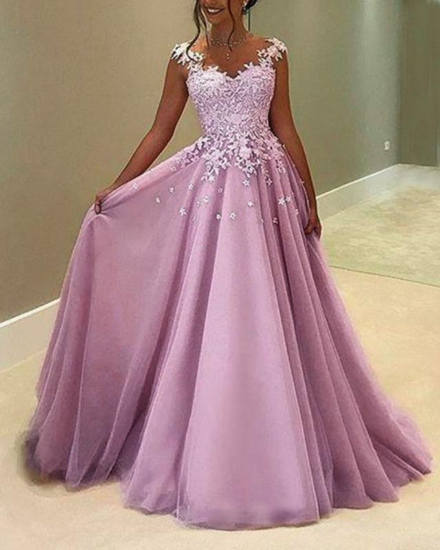 Modest Tulle Formal Dresses With Lace Cap Sleeves