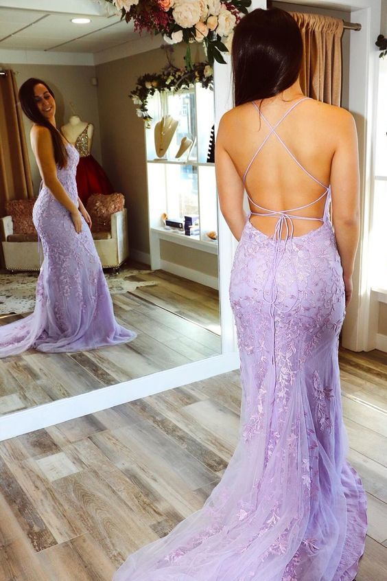 Trumpet Lace Backless Lilac Long Prom Graduation Dress,Mermaid Evening Gowns