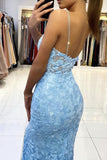 Mermaid V Neck Backless Blue Lace Long Prom Dresses,Cheap Formal Dress,Graduation Evening Dress