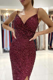 Mermaid V Neck Burgundy Sequins Long Prom Dress with High Slit,Sexy Formal Dress, Maroon Evening Dresses