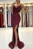 Mermaid V Neck Burgundy Sequins Long Prom Dress with High Slit,Sexy Formal Dress, Maroon Evening Dresses